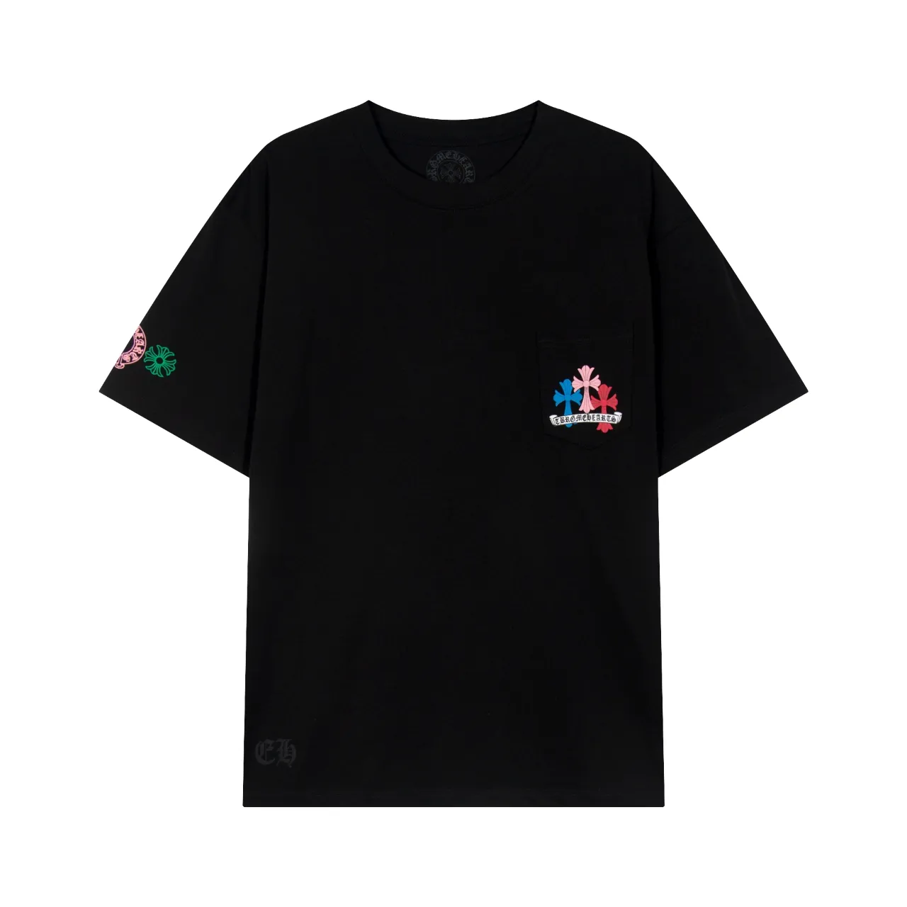 P150 Chrome Hearts Chrome Hearts Sanskrit Rainbow Print Cross Short Sleeve Size: SMLXL Color: Black